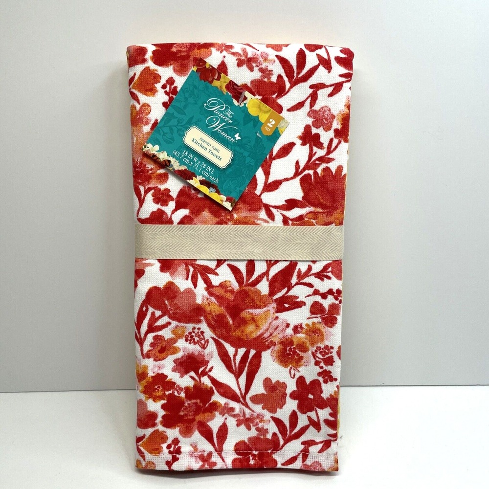 Pioneer Woman Painterly Floral Kitchen Towels Coral/Yellow Set of 2 NWT
